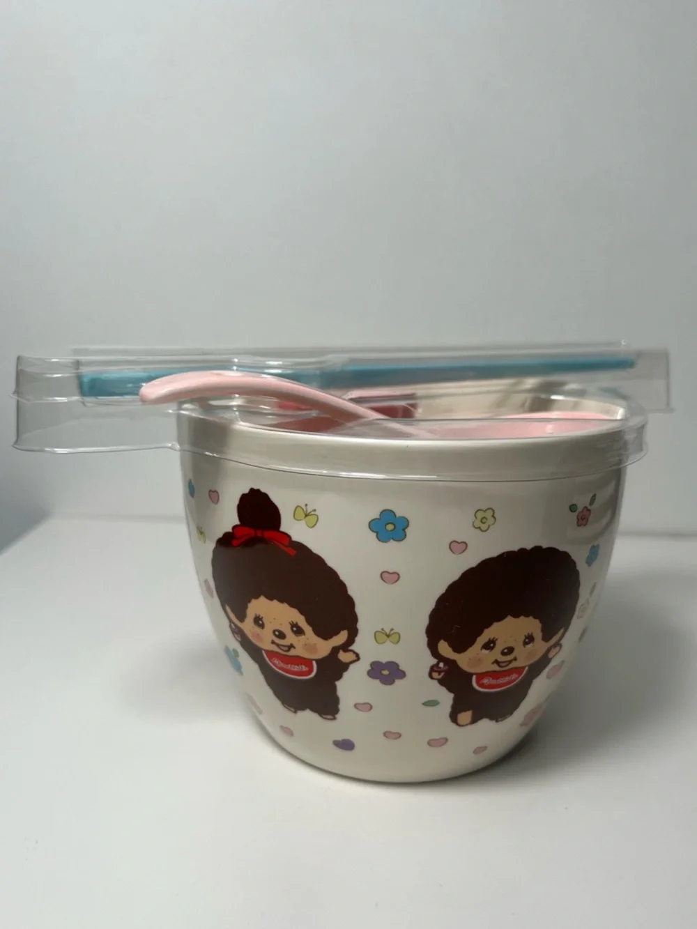 Monchhichi Ceramic Ramen Noodle Bowl 4PC Set W/ Chopsticks Soup Spoon & Holder
